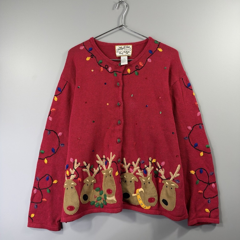 Heirloom Collectibles Sweater Womens XL Red Reindeer Christmas Cardigan Knit